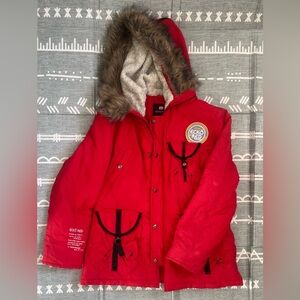 Ecko Unlimited Women’s Red Puffer Jacket with Faux Fur Hood